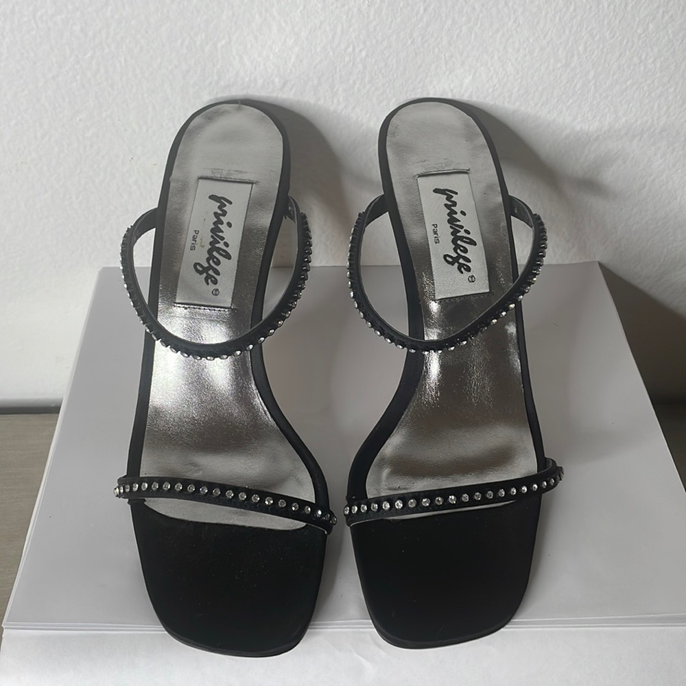 Privilege Black Rhinestone Satin & Leather Heels